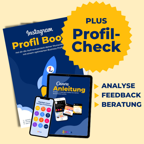 Vorschau vom Profil Boost und dem Bonusmaterial, Canva Vorlagen und Anleitung. Inklusive Profil Check, Instagram Profil-Analyse, Feedback und Beratung.