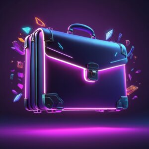 Ein leuchtender Koffer (ähnlich einer Zaubertruhe), der aufgeht und daraus Logos, Websites, Social Media Icons & Branding-Elemente „herausfliegen“