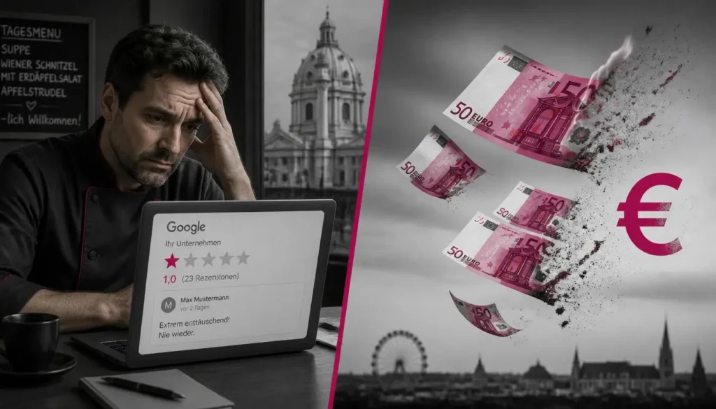 schlechte-google-bewertung-kosten-hero Splitscreen-Komposition: Links eine frustrierte Person Gastronom vor einem Laptop mit sichtbarem 1-Stern-Google-Rating auf dem Screen; rechts symbolisch Euro-Scheine, die davonfliegen oder verbrennen. Farbpalette: Grautöne mit kräftigen Magenta-Akzenten (#E8006F) für Zahlen/Geld-Symbole. Stimmung: sachlich-dramatisch, aber nicht hysterisch; professionell und glaubwürdig. Wiener Flair kommt durch, durch dezente Architektur-Elemente im Hintergrund.