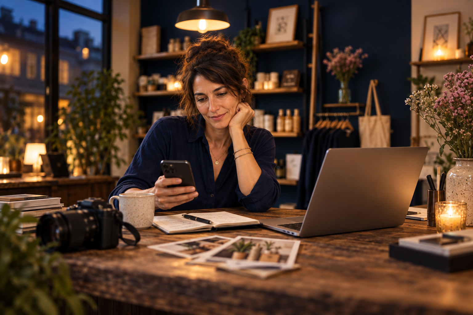 marketing-wartet-auf-spaeter Unternehmerin sitzt abends mit Handy und Laptop im Geschäft und erledigt ihr Marketing erst nach einem langen Arbeitstag.